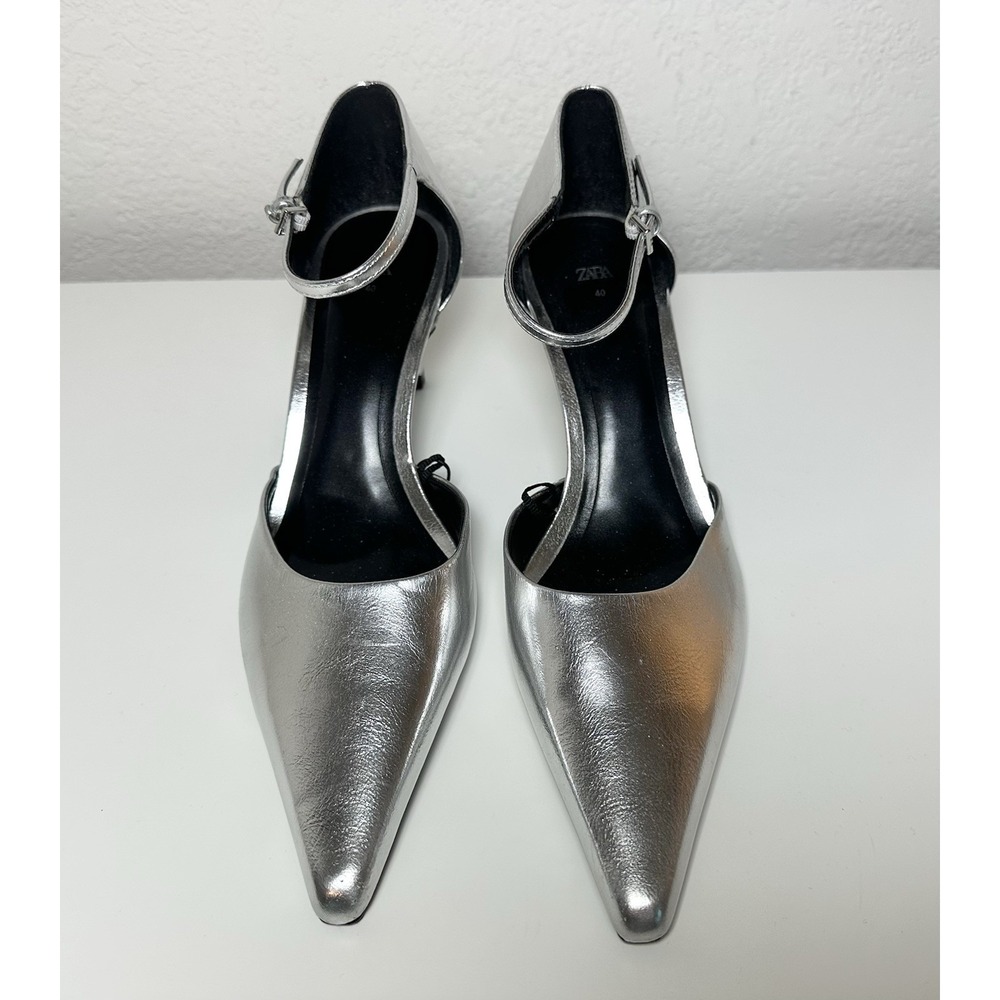 ZARA Women's Silver Metallic Pointed Toe Stiletto Heeled Pumps US 9 EU 40 NEW‎ - Picture 4 of 12